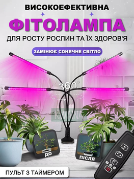 Фитолампа для роста растений на прищепке фитосветильник для комнатных цветов, рассады, орхидей на 4 лампы