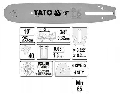 Шина на Бензопилу 25 см Для Пильной Цепи 3/8"; 40Z YATO (YT-84925)