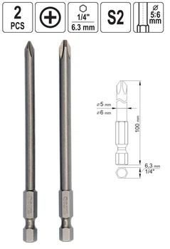 Набор Бит Для Шуруповерта Phillips 2 шт PH1, PH2, L=100 мм YATO (YT-0488)