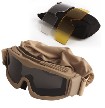 Тактичні окуляри захисна маска з кріпленнями на каску з 3 змінними лінзами Койот-товщина лінз 3 мм