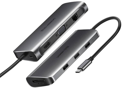 Адаптер Хаб USB-C 9в1 Ugreen HDMI 4K + 3 x USB 3.0 + Typ-C PD + RJ45 + SD + Micro SD + VGA Gray (6957303848737)