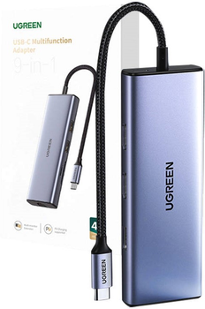 Адаптер Хаб USB-C 9в1 Ugreen 2 x USB-A 3.0 + USB-A 2.0 + 2 x HDMI 4K/60Hz + SD/TF + RJ45 Gray (6957303891191)