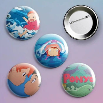 Закатные значки аниме Рыбка Поньо на утёсе Ponyo металлический на булавке 56 мм 4 штуки в комплекте