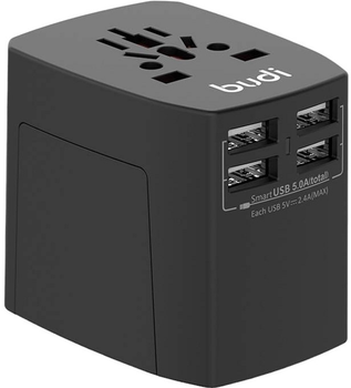 Універсальний мережевий зарядний пристрій Budi 4 x USB 5 A EU/UK/AUS/US/JP Black (6971536923559)