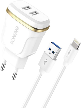 Ładowarka sieciowa Foneng + 2 x USB 2.4 A + kabel USB - Lightning Biała (T240 iPhone)