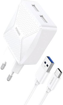 Мережевий зарядний пристрій Foneng + 2 x USB з кабелем USB-C 2.4 A White (EU35 USB-C)