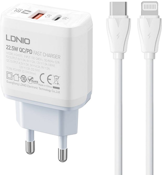 Мережевий зарядний пристрій Ldnio USB-C 22.5 W + кабель USB-C - Lightning (A2421C Type-C - lig)