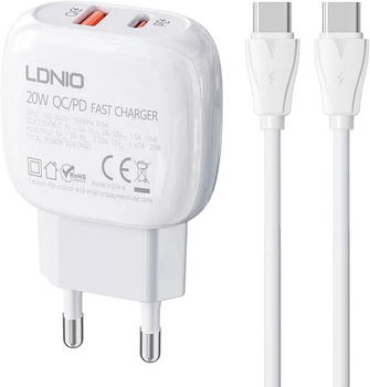 Мережевий зарядний пристрій Ldnio USB-C 20 W + кабель USB-C - USB-C (A2313C Type-C-Type-C)