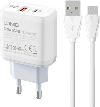 Мережевий зарядний пристрій Ldnio USB-C 22.5 W + кабель MicroUSB (A2421C Micro)