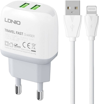 Мережевий зарядний пристрій Ldnio 2 x USB + кабель Lightning (A2219 Lightning)
