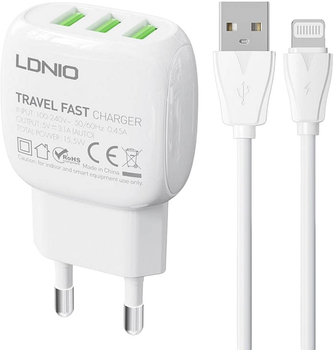 Мережевий зарядний пристрій Ldnio 3 x USB + кабель Lightning (A3315 Lightning)