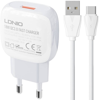 Мережевий зарядний пристрій Ldnio 18 W + кабель USB-C (A1306Q Type-C)