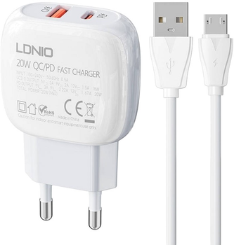 Мережевий зарядний пристрій Ldnio USB - USB-C 20 W + кабель MicroUSB (A2313C Micro)