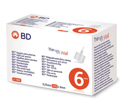 Иглы для инсулиновых ручек "BD Microfine Thin Wall" 6 мм (31G x 0,25 мм), 100 шт.