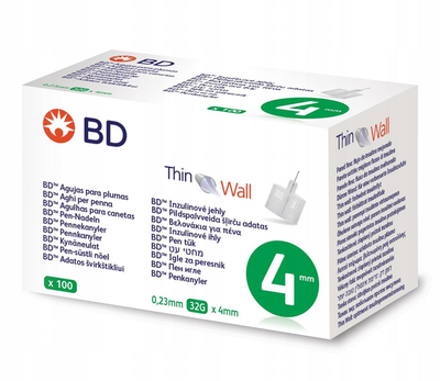 Голки для інсулінових ручок "BD Microfine Thin Wall" 4 мм (32G x 0,23 мм), 100 шт.