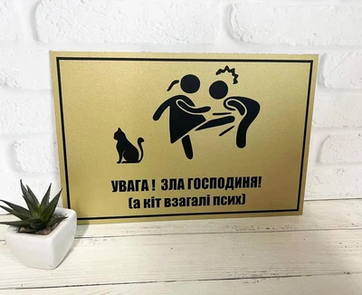 Табличка металева "Обережно! Зла господиня, а кіт взагалі псих" МФС-056