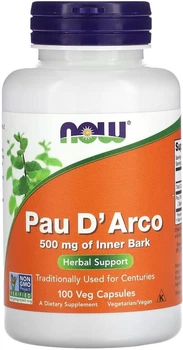 Кора мурашиного дерева Now Foods Pau D'Arco 500 mg of Innewr Bark 100 веган капсул