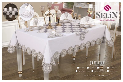 Льняная скатерть с ранером Selin Julide Set 160×220+8 салфеток кремовая