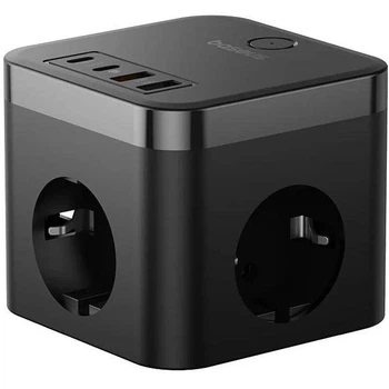 Сетевое зарядное устройство 4 выхода на 30W Baseus PowerCombo Cube Power Strip (2xType-C + 2xUSB + 3AC). Black