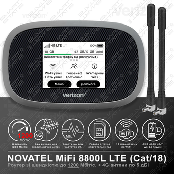 Високошвидкісний маршрутизатор з 4G модемом/роутером USB WI-FI 3G/4G LTE NOVATEL MIFI 8800L + 2 антени 4G(LTE) по 5 dBi. Швидкість до 1200 Мбіт/с. Акумулятор 4400 мАг. Для операторів Київстар, Lifecell, Vodafone.