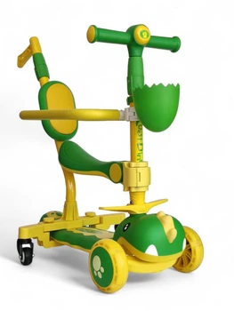 Самокат біговів дитячий триколісний Cuest Dino 8103 з бортиком та батьківською ручкою Green-Yellow