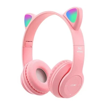 Детские беспроводные наушники светящиеся ушки кошки P47 Bluetooth 5.0 с микрофоном, розовые