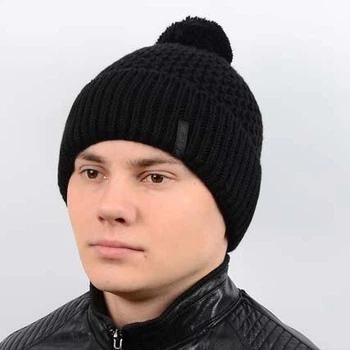 Шапка мужская с бубоном утепленная флисом молодежная шапочка с отворотом Alex Al17007 L / 57-58 Черный