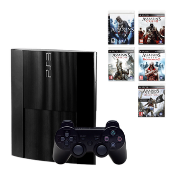 Набір Консоль Sony PlayStation 3 Super Slim 500GB Black Б/У + Гра Assassin's Creed 2 Англійська Версія + Гра Assassin's Creed 3 Англійська Версія + Гра Assassin's Creed Англійська Версія + Гра Assassin's Creed 4 Black Flag Англійська Версія + Гра Assassi