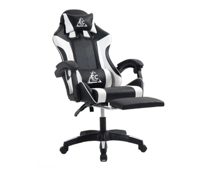Ігрове комп'ютерне крісло для геймерів та роботи для дому EC GAMING 2806 Чорно-біле обшите екошкірою та з підставкою для ніг