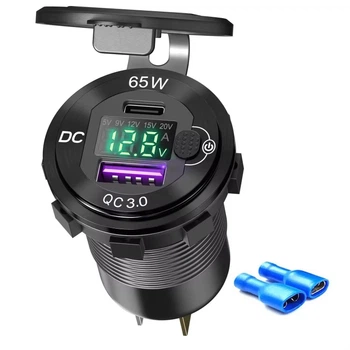 Врезная USB зарядка от аккумулятора с QC 3.0+PD Type-C 65W и вольтметром Металлическая Green