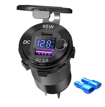 Врезная USB зарядка QC 3.0+PD Type-C 65W с вольтметром вместо прикуривателя Металлическая Blue