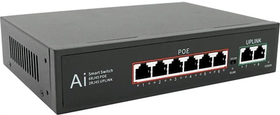 Комутатор Merlion 6 POE 10/100 + 2 RJ45 10/100 вбудований блок живлення 52V 1.25A (YT33516)