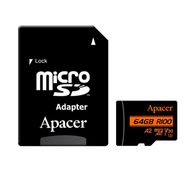microSDXC (UHS-1 U3) Apacer A2 64Gb class 10 V30 (R100MB/s, W80MB/s) (adapter SD) (AP64GMCSX10U8-R)