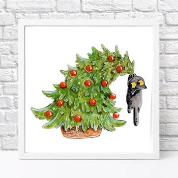Постер в рамке Котик и елка 30x30 см