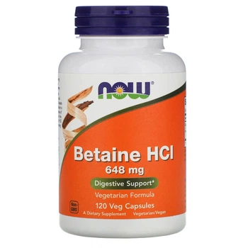 Бетаїн гідрохлорид 648 мг та пепсин Now Foods Betaine HCL для підтримки травлення 120 рослинних капсул