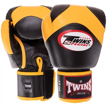 Перчатки боксерские кожаные TWINS VELCRO BGVL13 (размер 14oz, Черный-желтый)