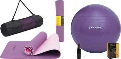 Набор Коврик спортивный Cornix TPE 183 x 61 x 0.6 см для йоги и фитнеса XR-0007 Plum/Rose+Мяч для фитнеса (фитбол) Cornix 75 см Anti-Burst XR-0027 Violet