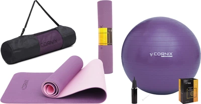 Набор Коврик спортивный Cornix TPE 183 x 61 x 0.6 см для йоги и фитнеса XR-0007 Plum/Rose+Мяч для фитнеса (фитбол) Cornix 85 см Anti-Burst XR-0250 Фиолетовый