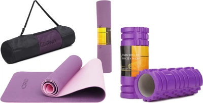Набор Коврик спортивный Cornix TPE 183 x 61 x 0.6 см для йоги и фитнеса XR-0007 Plum/Rose+Массажный ролик Cornix EVA 33 x 14 см XR-0032 Violet