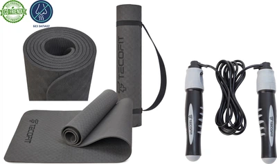 Набор Коврик TECOFIT TPE для йоги и фитнеса 183x 61 x 0.6 см Black (TOP18074471/1) + Скакалка TECOFIT со счетчиком (TOP20066189)