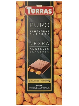 Шоколад веганский черный Torras с цельным миндалем натуральный Puro Almendras Vegan 150 г