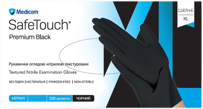 Рукавички оглядові нітрилові текстуровані, нестерильні Medicom SafeTouch Premium Black неопудрені 5 г чорні 50 пар № S (1187H-B)
