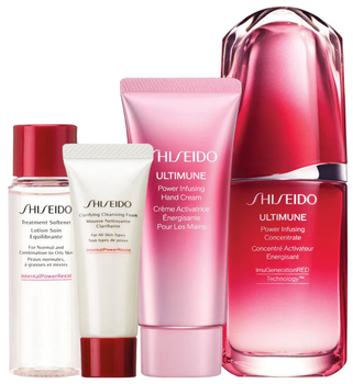 Zestaw do pielęgnacji twarzy Shiseido Ultimune Holiday Skoncentrowane serum do twarzy 50 ml + Pianka oczyszczająca do twarzy 15 ml + Nawilżający lotion 30 ml + Krem do rąk 40 ml (3423222084288)