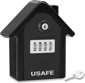 Наружный мини сейф для ключей с кодовым замком и ключом USafe KS06, с антивандальным металлическим корпусом, Черный