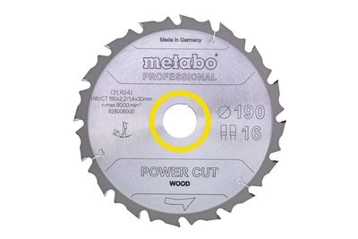 Пильный диск Metabo Power Cut Wood Professional 190х2,2х30 мм Z16 FZ/FA 12°, для древесины с гвоздями (Картон) 628006000 (8459)