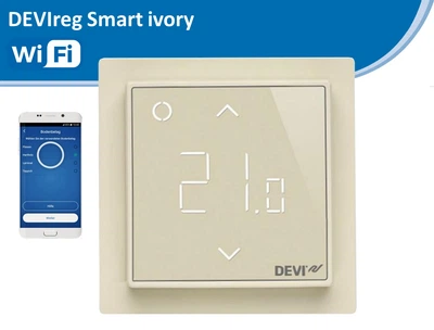 Терморегулятор DEVI интеллектуальный электронный DEVIreg Smart Ivory&nbsp;(+5…+35/+5…+45˚С, 16А) программируемый с сенсорным дисплеем Wi-Fi теплый пол (5298)