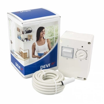 Терморегулятор DEVI электронный DEVIreg 610 (-10...+50°C, 10А, IP44) накладной в герметичном корпусе с датчиком на проводе (5293)