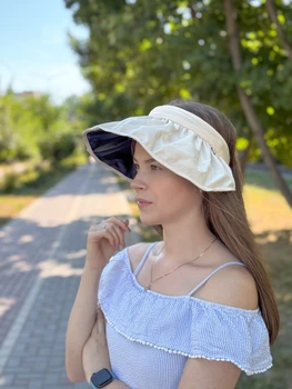 Козирок обідок панама жіноча сонцезахисна відкрита дихаюча складна матеріал поліестер колір молочний