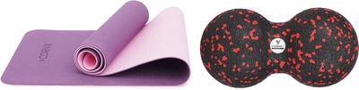 Набор Коврик спортивный Cornix TPE 183 x 61 x 0.6 см для йоги и фитнеса XR-0007 Plum/Rose + Массажный мяч двойной Cornix XR-0124 EPP DuoBall 8 х 16 см Черный/Красный