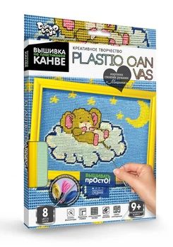 Вышивка на пластиковой канве с багетной рамкой Danko Toys Plastic Canvas: Мышонок на облаке мулине